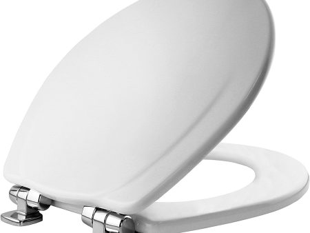 Whisper-Quiet Round White Wood Toilet Seat – Chrome Hinges Hot on Sale