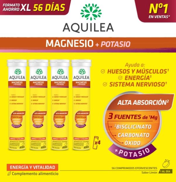 Aquilea Magnesio+Potasio Efervescente, complemento alimenticio con 56 tabletas para energía y minerales Embalaje Deteriorado (Cad: 31 07 2027) For Cheap